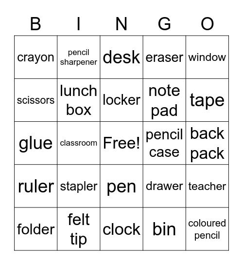 school Bingo Card