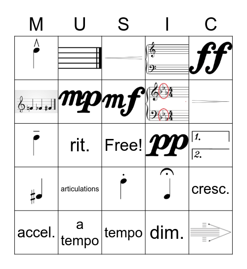 Unit 3 & 4 Music Review Bingo Card