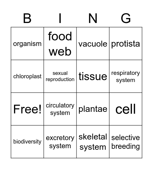 science bingo Card
