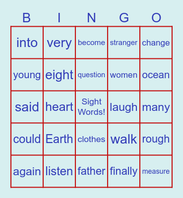 Sight Words 2nd grade Bingo Card