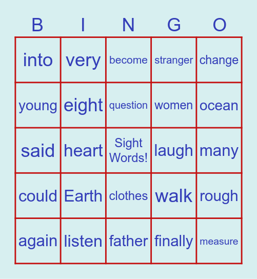 Sight Words 2nd grade Bingo Card