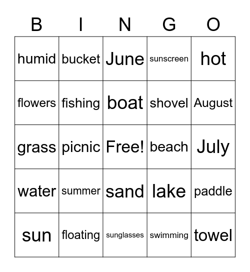Summer Words Bingo Card