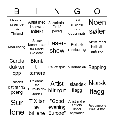 Eusovision 2021 Bingo Card