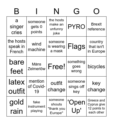 EUROVISION BINGO Card