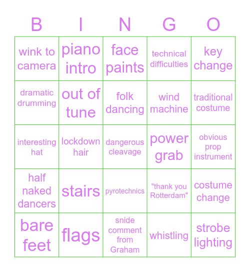 EUROVISION 2021 Bingo Card