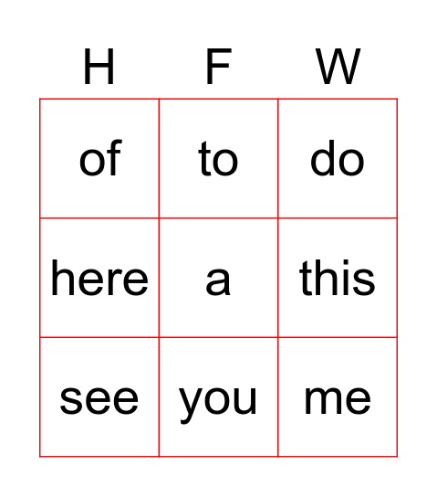 SLAM Kinder HFW 3x3 Bingo Card