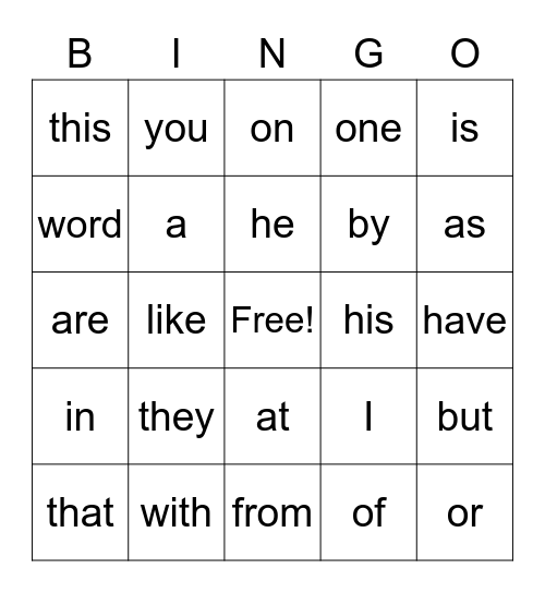 K Most Common Words Bingo Card