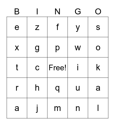 Alphabet -- lower case Bingo Card