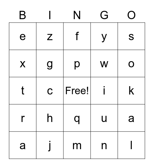 Alphabet -- lower case Bingo Card