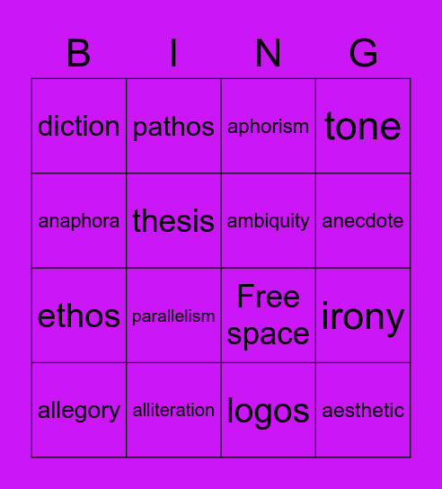 english Bingo Card