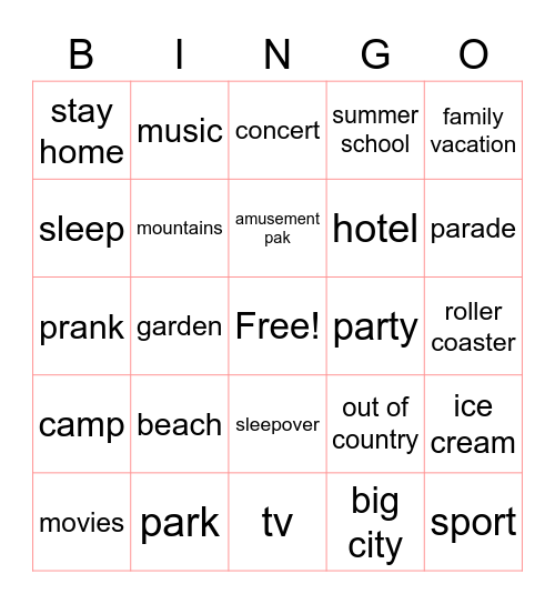 Summer vacation Bingo Card
