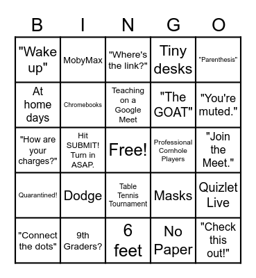School Year 2020-2021 Bingo Card