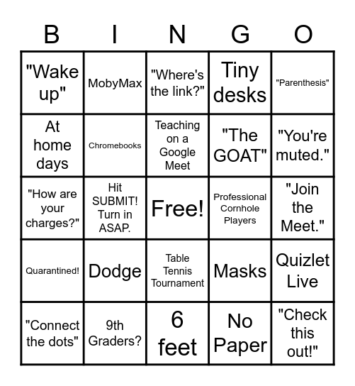 School Year 2020-2021 Bingo Card