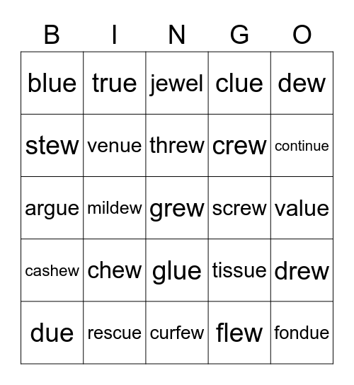 ue and ew Bingo Card