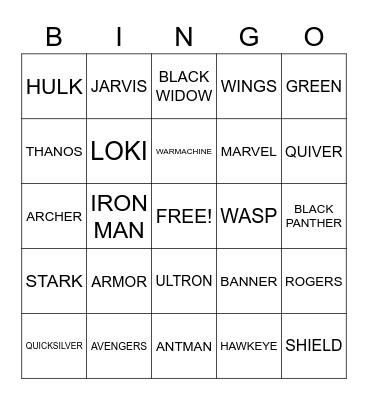 AVENGERS Bingo Card