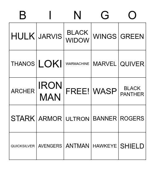 AVENGERS Bingo Card