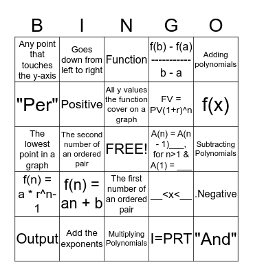 Algebra I Bingo Card