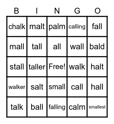 Al/All phonics sounds Bingo Card
