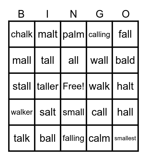 Al/All phonics sounds Bingo Card