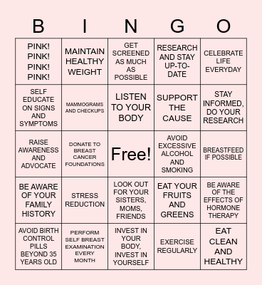 BREAST CANCER AWARENESS: WHATHAVE YOU BEEN DOING? Bingo Card