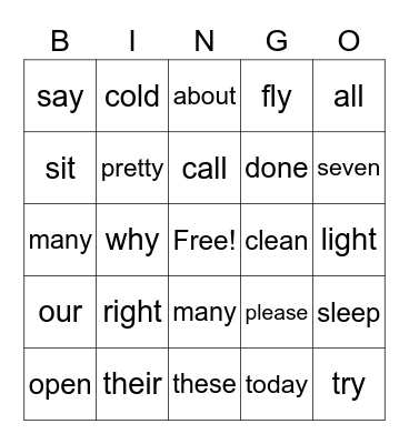 Sight Words Bingo Card