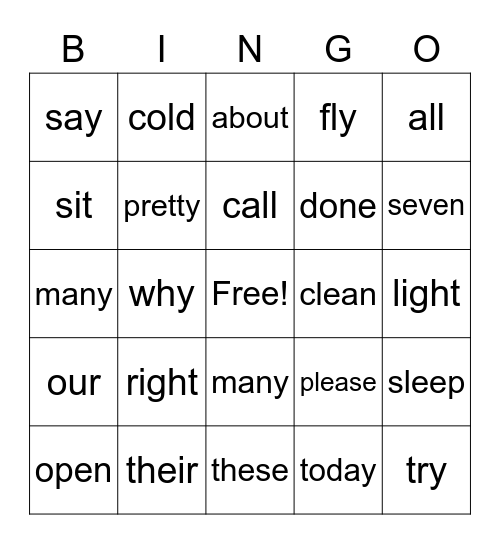 Sight Words Bingo Card
