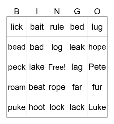 Minimal Pairs Bingo Card
