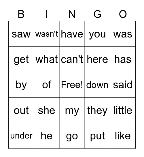 Sight Words Bingo Card