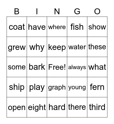 First Grade Words Bingo Card