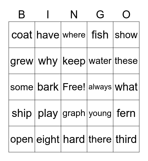 First Grade Words Bingo Card