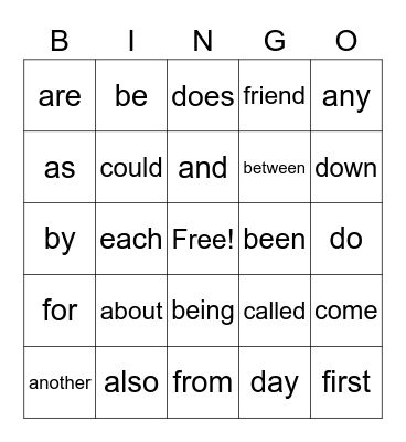 Grade 1 Trick Words A Bingo Card