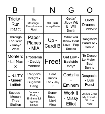 Hip Hop Songs Bingo Card