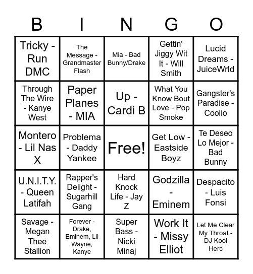 Hip Hop Songs Bingo Card