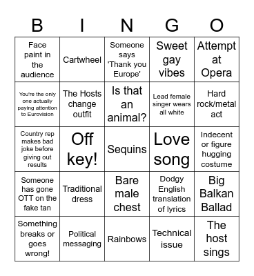 Eurovision Bingo Card