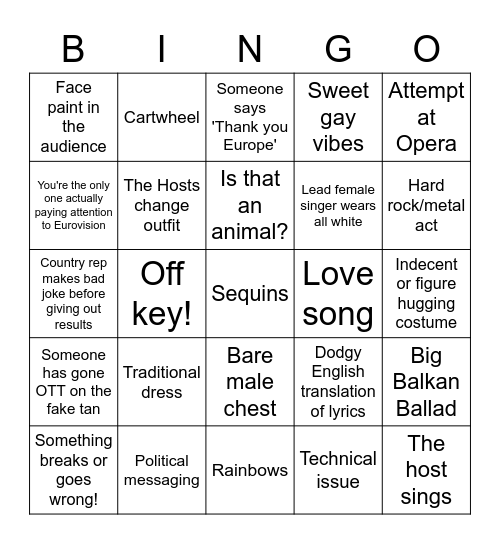 Eurovision Bingo Card