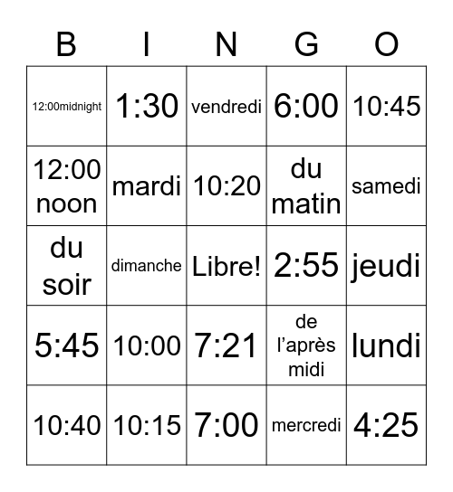 Quelle heure est-il? Bingo Card