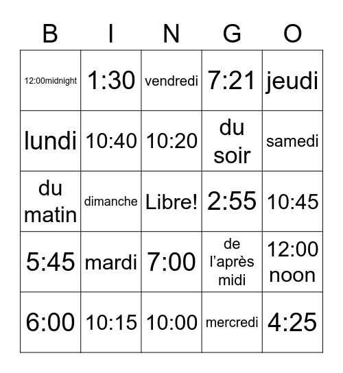 Quelle heure est-il? Bingo Card