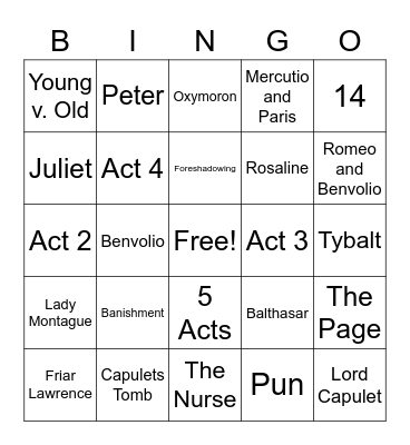 Romeo and Juliet Bingo Card