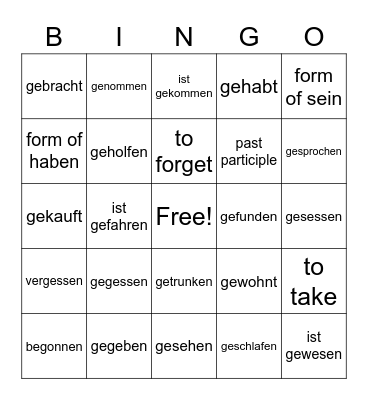 Irregular Past Tense Verbs Bingo Card