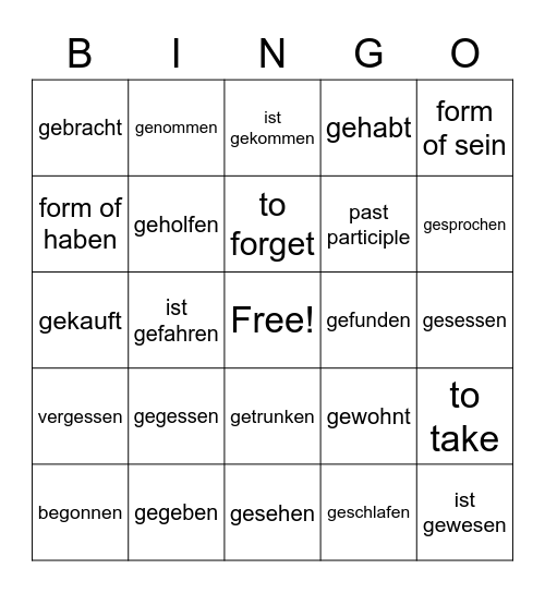 Irregular Past Tense Verbs Bingo Card