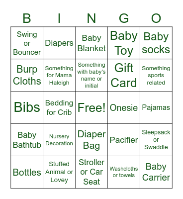 Haleigh's Baby Shower Bingo Card