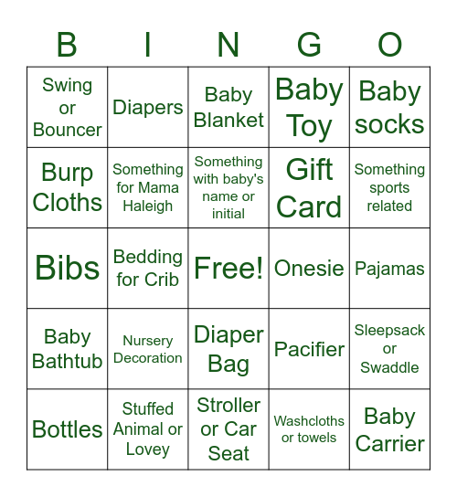 Haleigh's Baby Shower Bingo Card