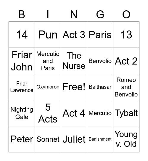 Romeo and Juliet Bingo Card