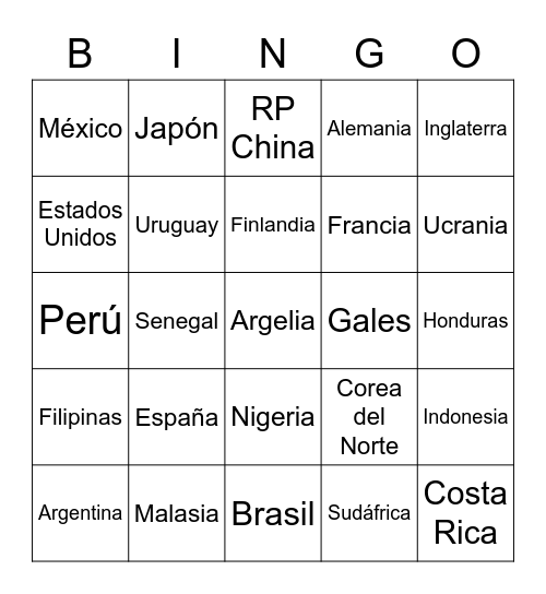 Bingo con países Bingo Card