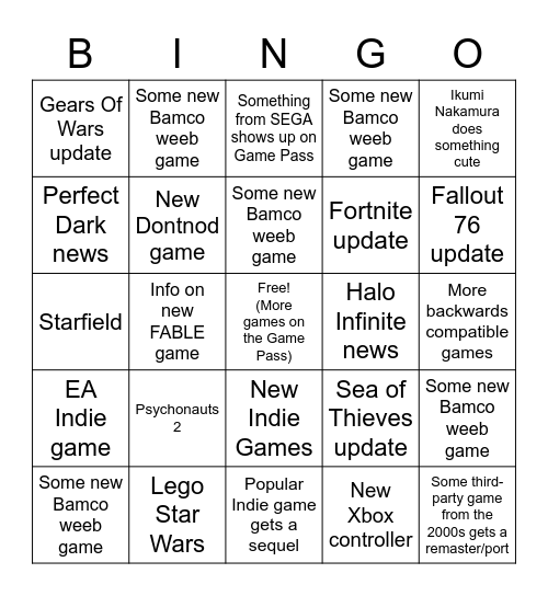 Microsoft/Bethesda E3 Bingo Card