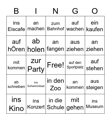 seperable verbs and prepositional phrases Bingo Card