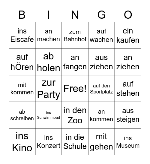 seperable verbs and prepositional phrases Bingo Card