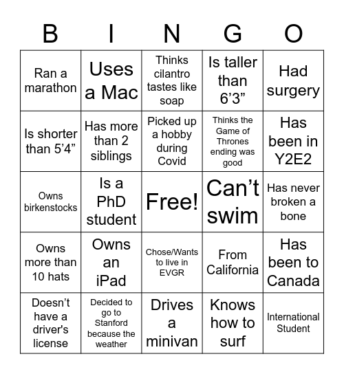 SEG Happy Hour Bingo Card