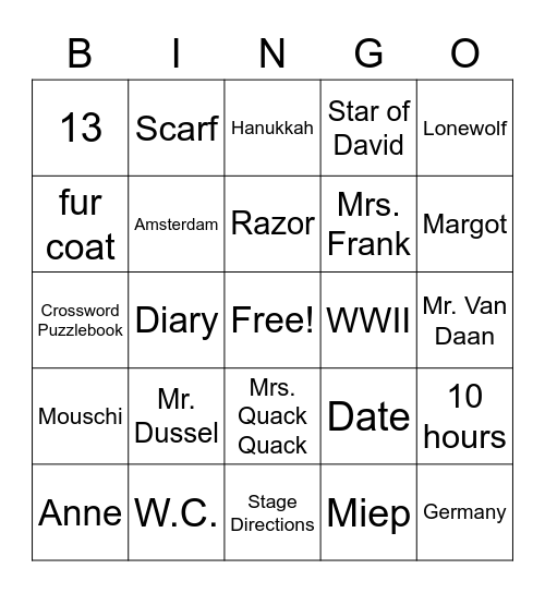 The Diary of Anne Frank Bingo Card