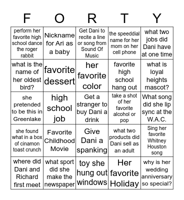 Dannie'l's 40th Birthday Bingo Trivia Bingo Card